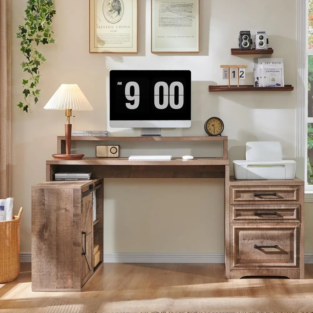 Modern Farmhouse Home Office Desk with File Cabinet 67 Inch Large Workstation