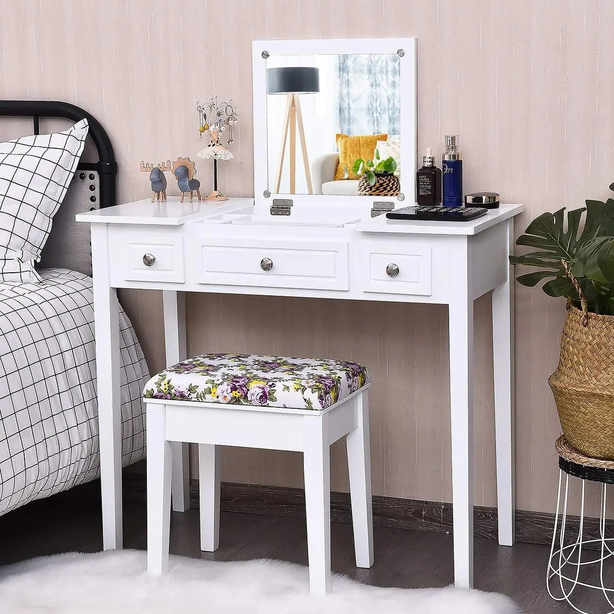 Makeup Vanity Desk with Flip Top Mirror and Cushioned Stool for Girls