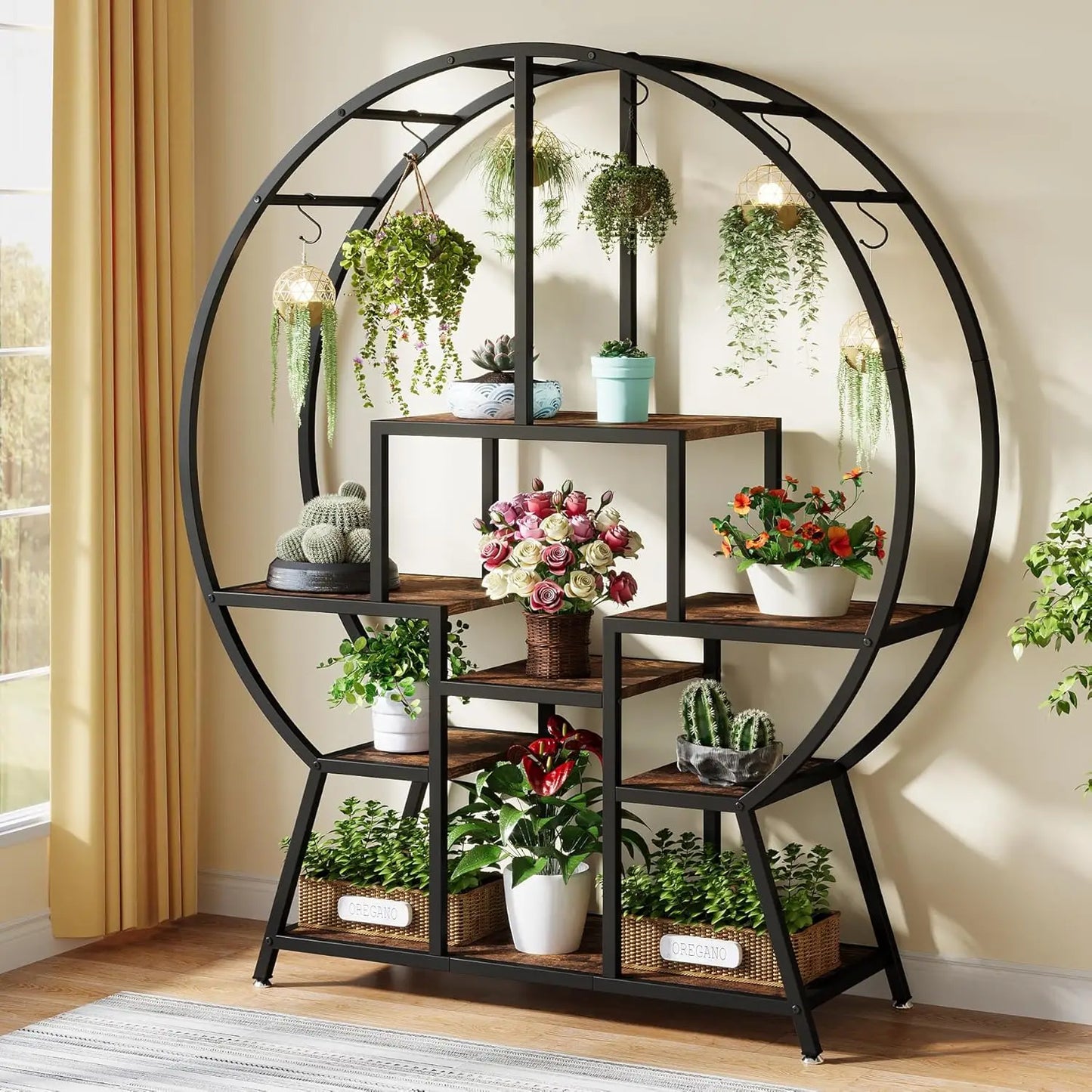 7-Tier Round Indoor Plant Stand Large Tall Shelf with Hooks for Pots