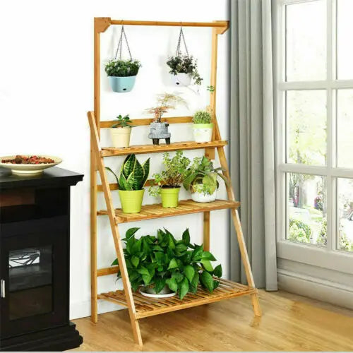 3 Tier Folding Bamboo Plant Stand Indoor Outdoor Multi Use Rack