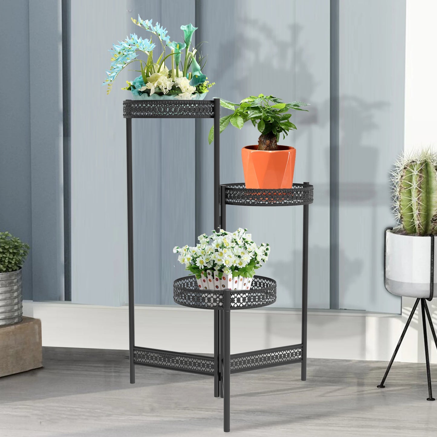 3 Tier Foldable Iron Metal Plant Stand Indoor Outdoor Flower Rack