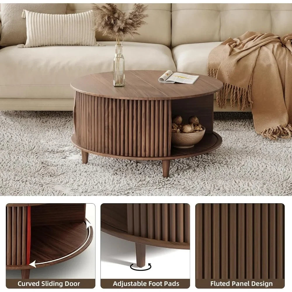 Round Coffee Table with Storage Mid Century Modern Sliding Door Table