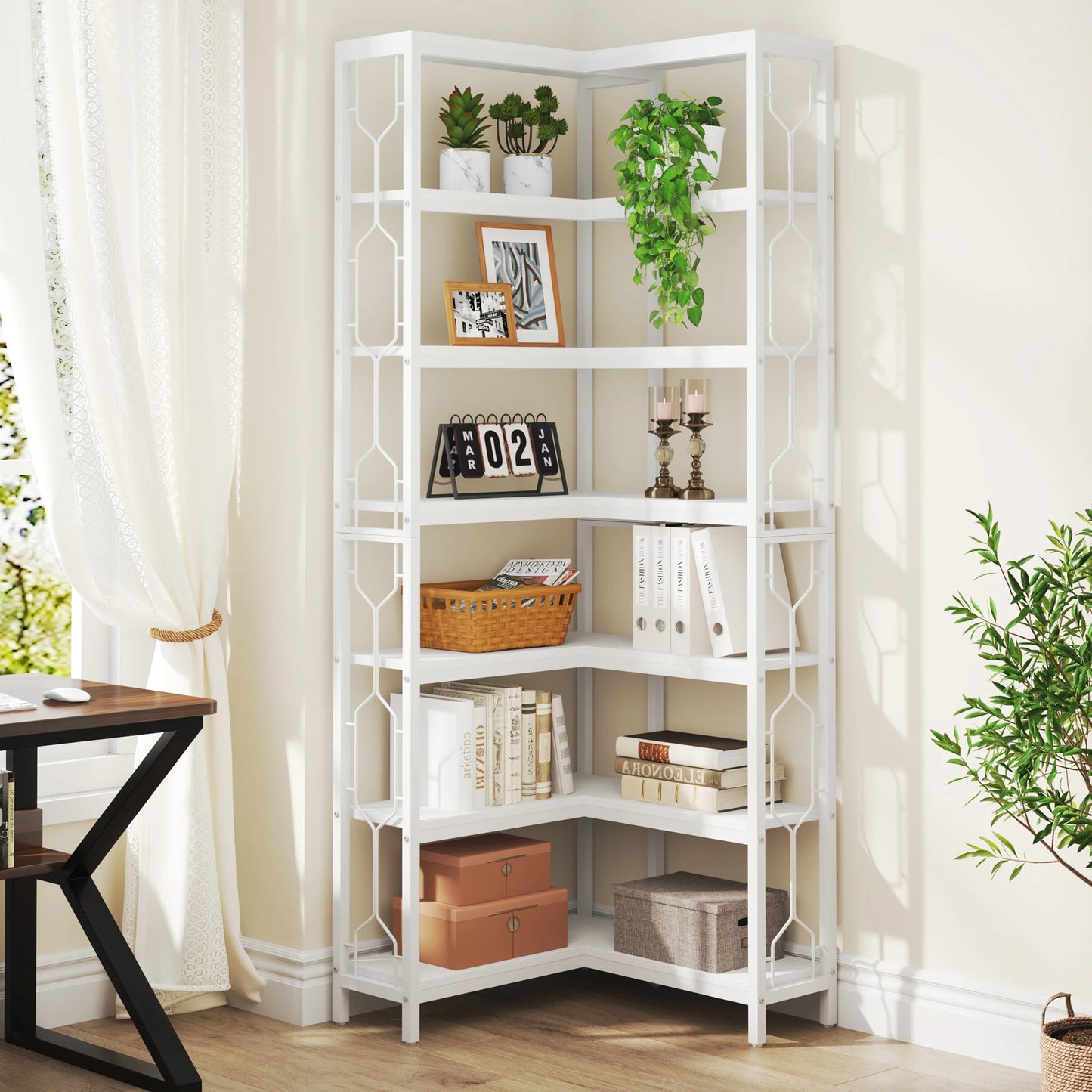 Ljustra 7-Tier Industrial Corner Shelf Wood Metal Bookcase Display Unit