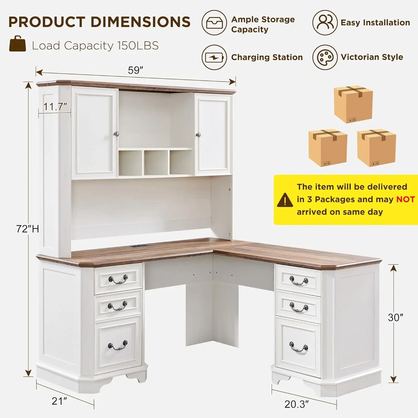59 Inch L Shaped Executive Desk with Hutch Storage Charging Station