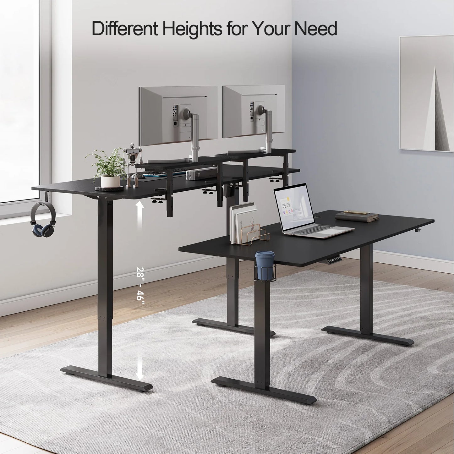 Electric Standing Desk with Adjustable Monitor Shelves and Memory Controller