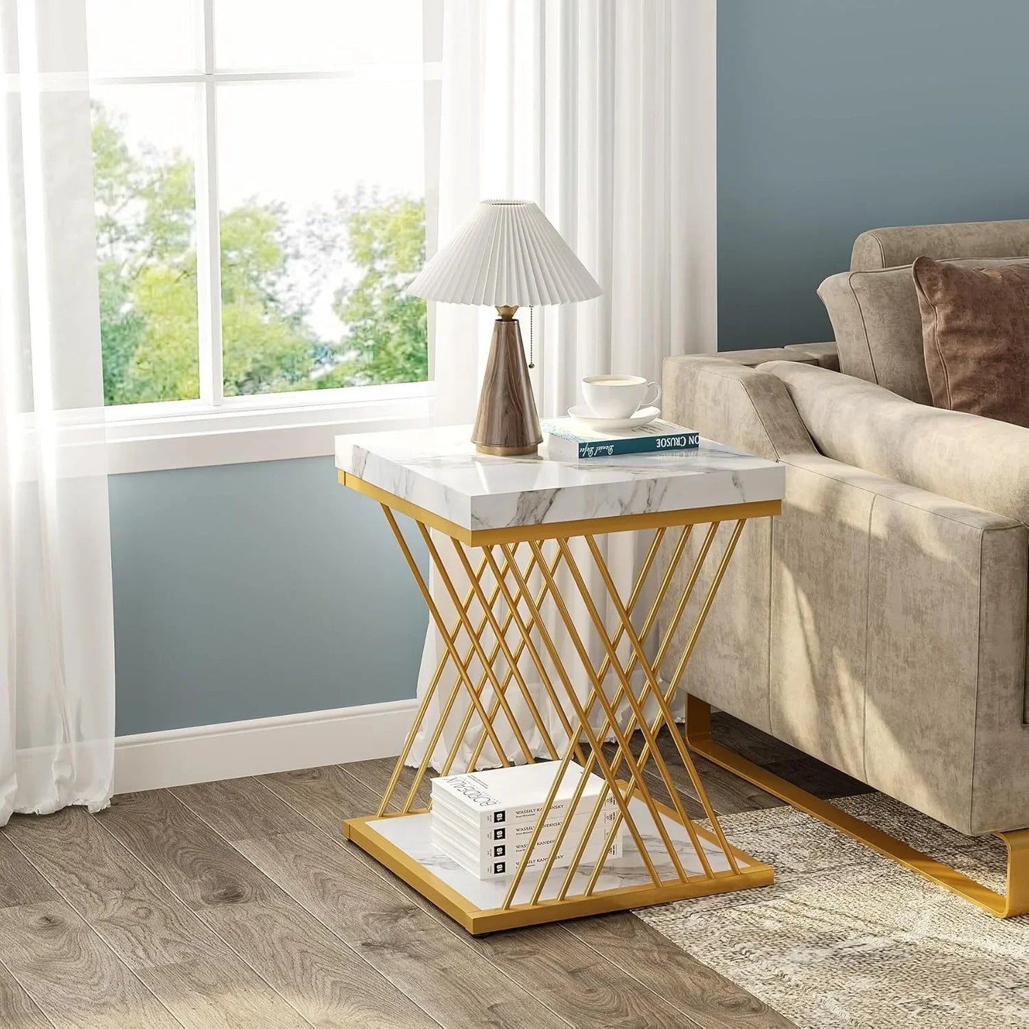 Square End Table Modern 2-Tier Side Table Bedside Table Storage