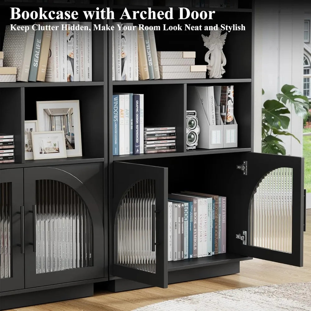 70 Inch Tall Black Bookshelf with Glass Doors Mid Century Modern Storage