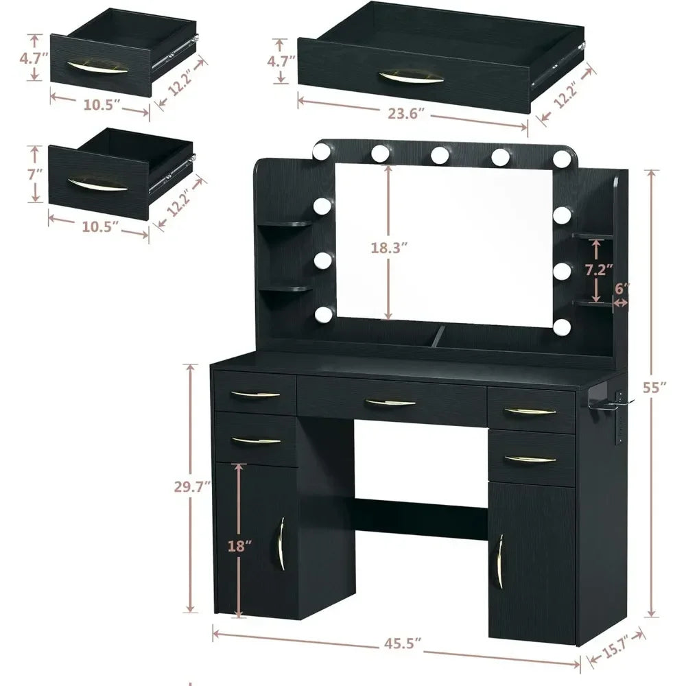 Large Makeup Desk with Lights Mirror Power Outlet 5 Drawers 2 Cabinets