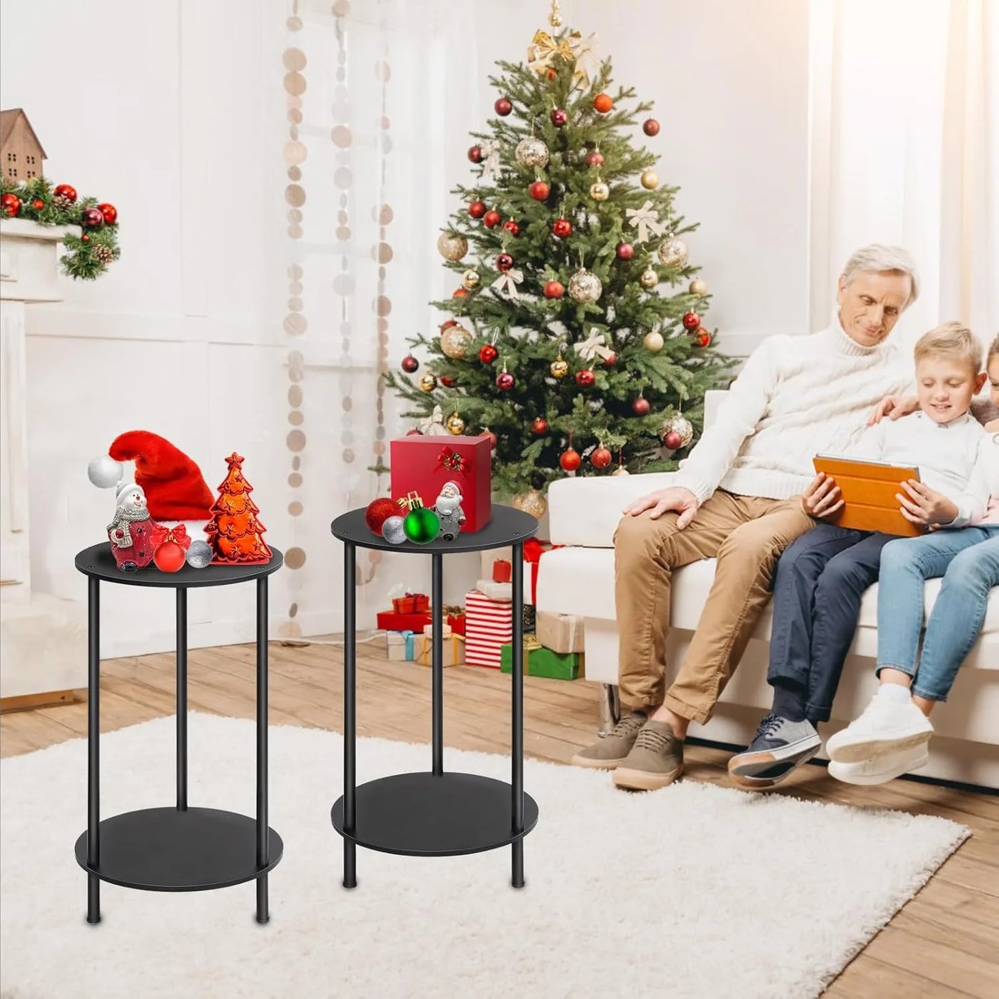 Set of 2 Round End Tables 2-Tier Farmhouse Night Stands Storage Shelves