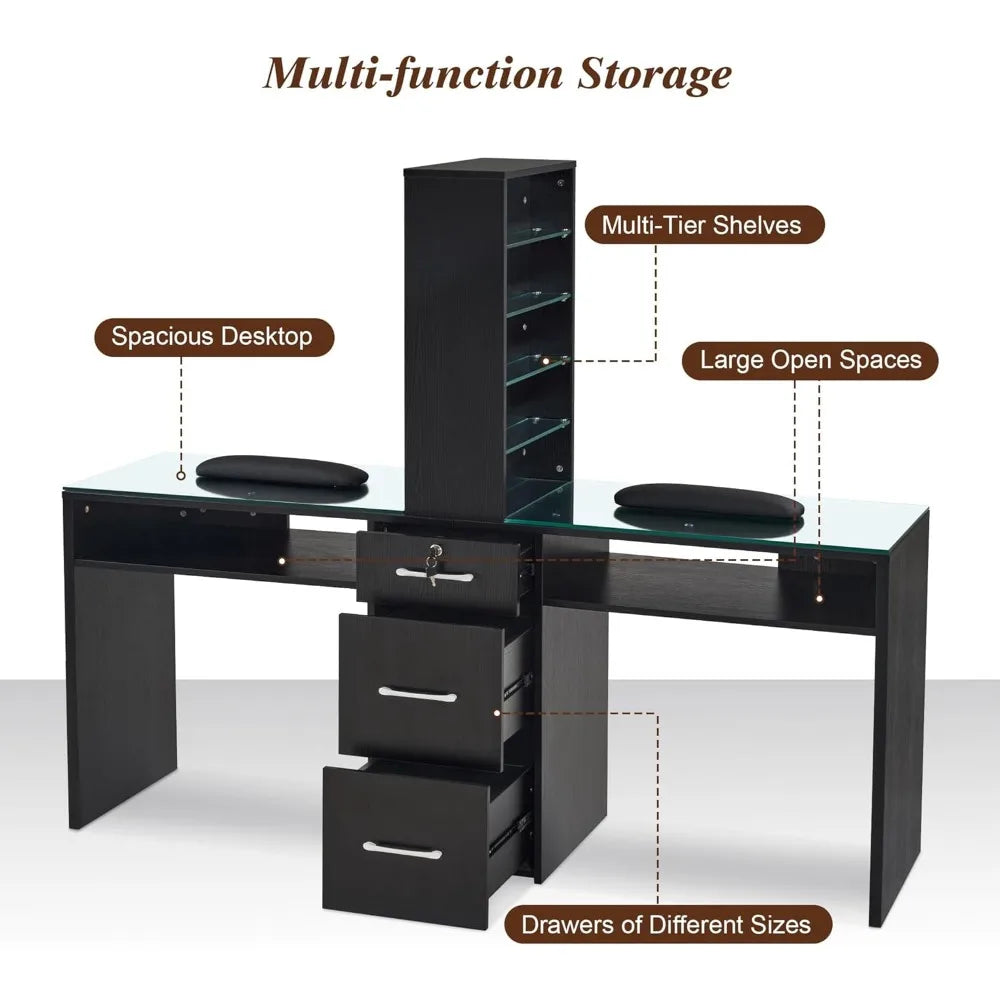 Double Manicure Table Modern Nail Desk Beauty Salon Storage Workstation