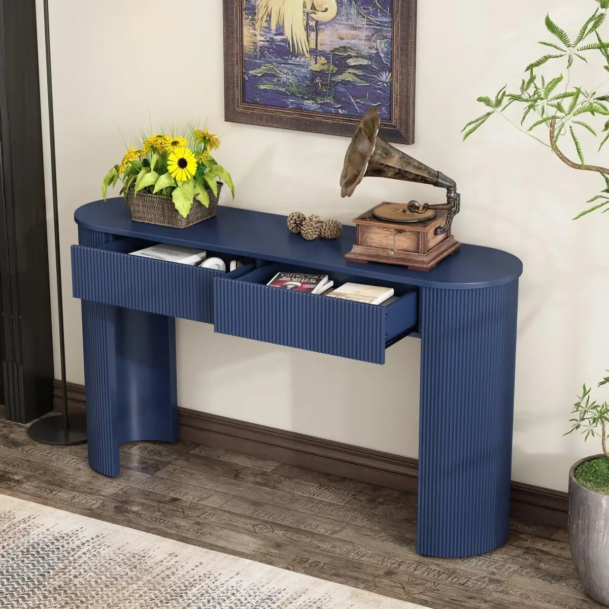 Modern 54" Fluted Entryway Console Table with Storage and Oval Top