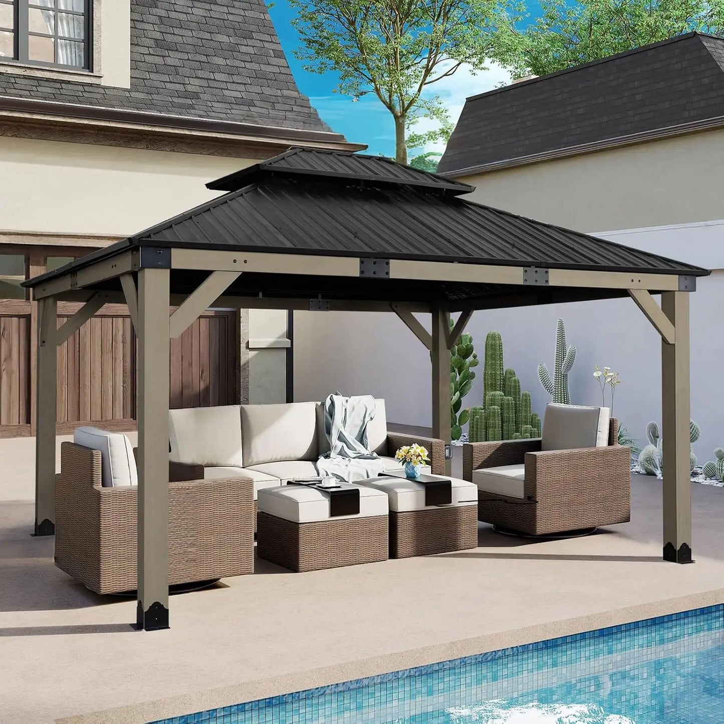 12x14 Ft Wooden Gazebo with Metal Roof and Charging Socket for Patio