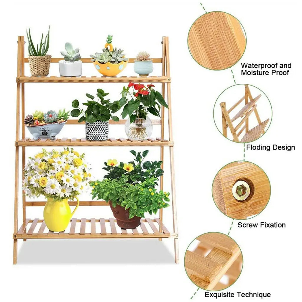 3 Tier Foldable Bamboo Plant Stand Indoor Outdoor Organizer Shelf