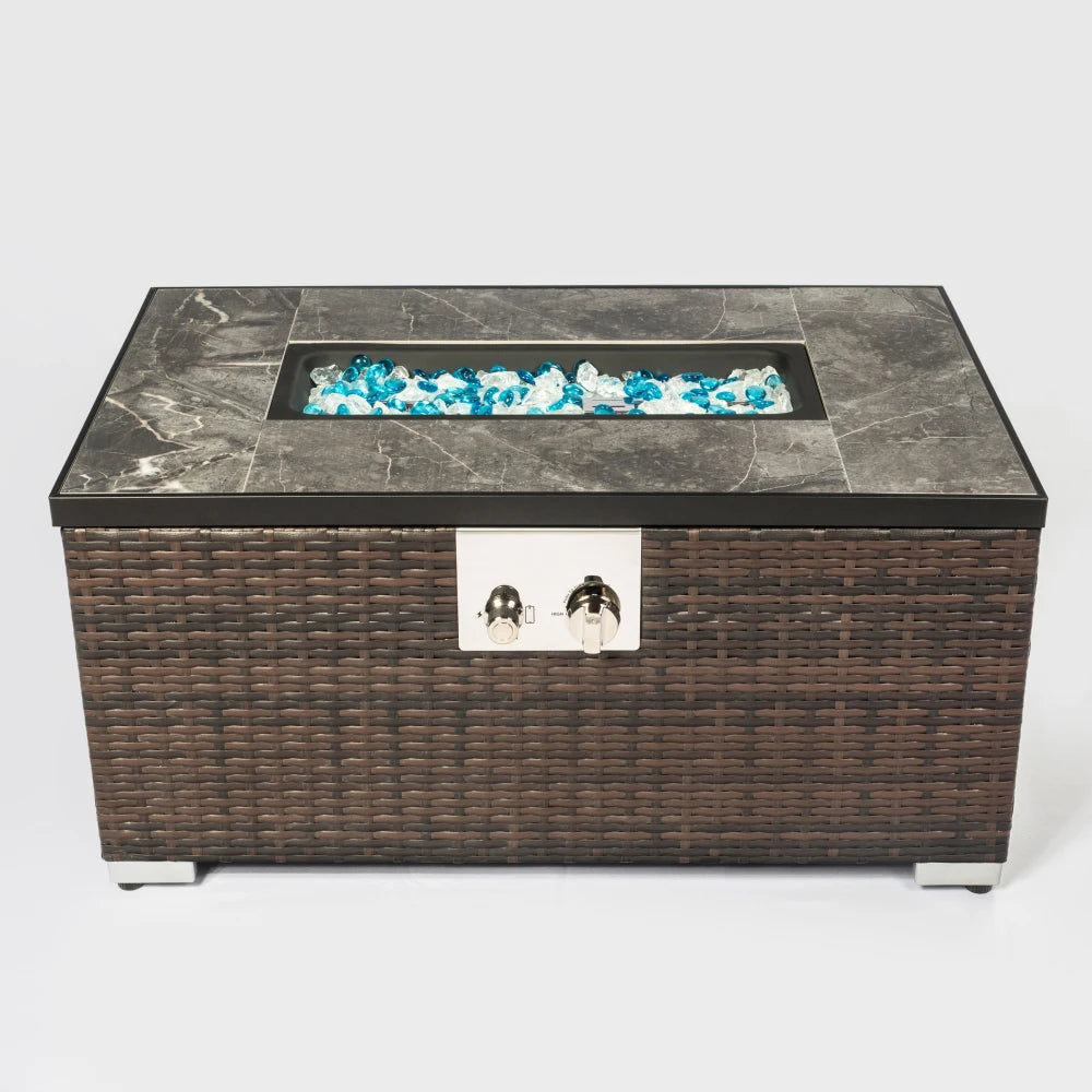 Outdoor Propane Fire Table Rattan Gas Fire Pit with Tile Top 40000BTU
