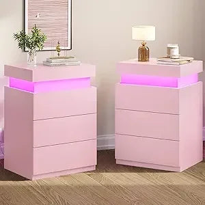 LED Nightstands Set of 2 with Charging Station and RGB Light Strips