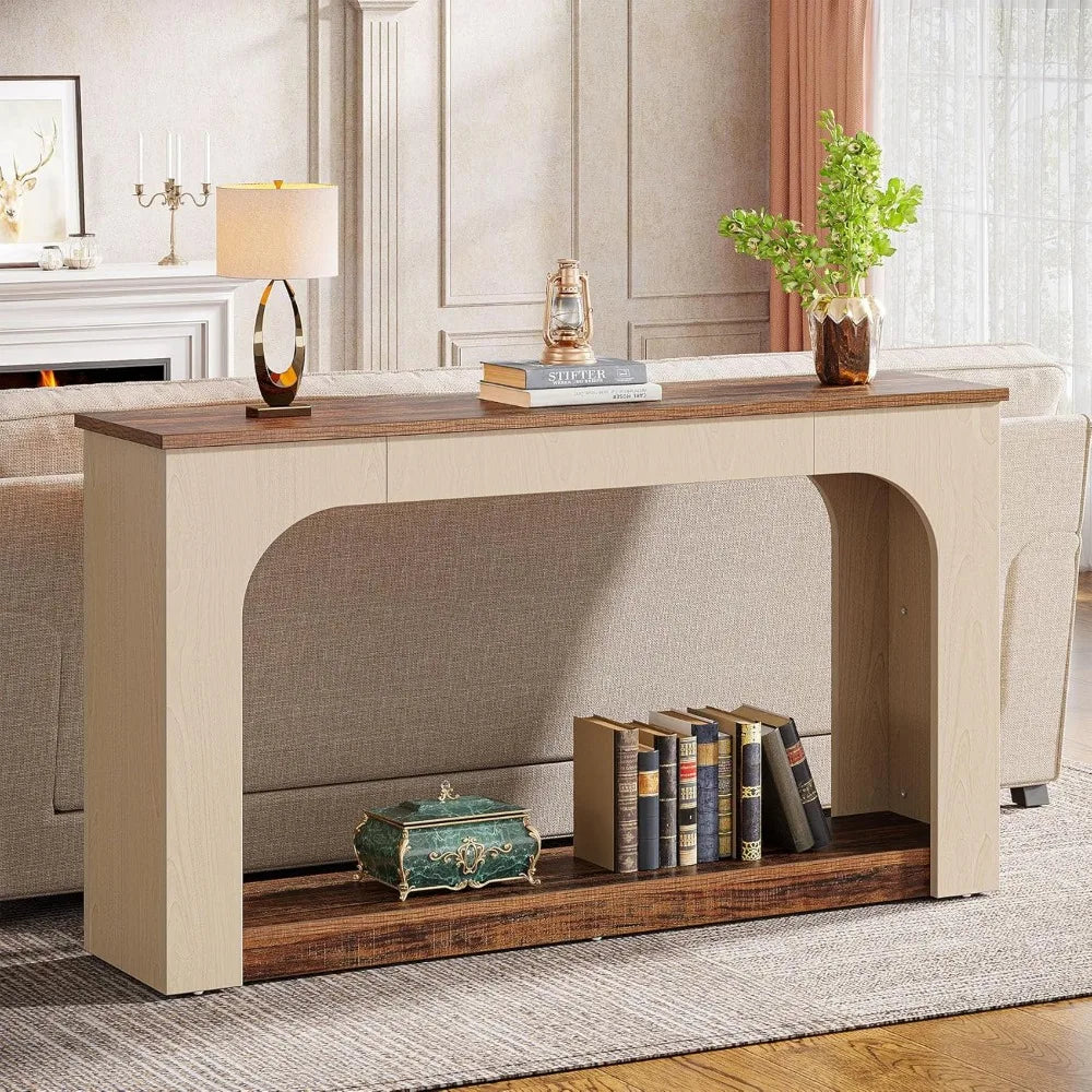 55 Inch Console Table with LED Lights Farmhouse Storage Sofa Table