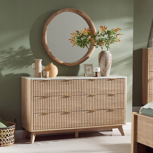 Modern 6 Drawer Dresser Faux Marble Top Fluted Chest of Drawers