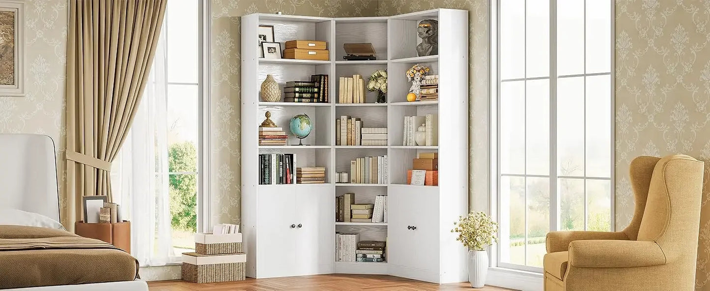 Ljustra Corner Bookshelf with 7 Adjustable Shelves and Storage Cabinets