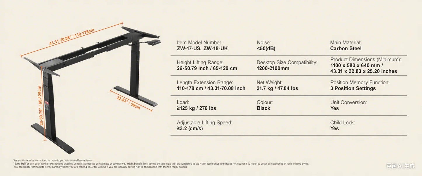 Ljustra Electric Standing Desk Frame Ergonomic DIY Workstation Black White