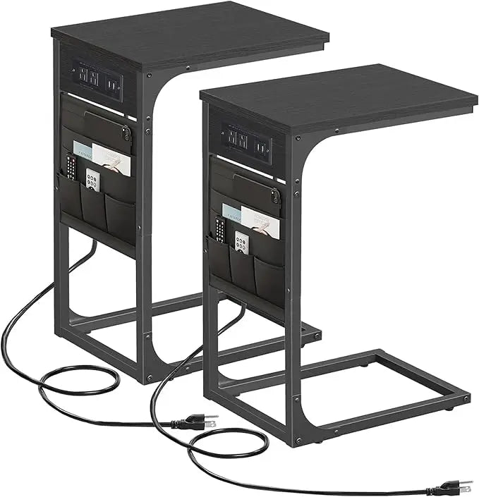 Shaped End Table Set of 2 with Charging Station USB Ports Storage Bag