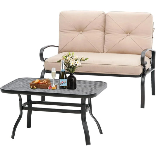 Outdoor Patio Loveseat Set with Thick Cushions and Coffee Table