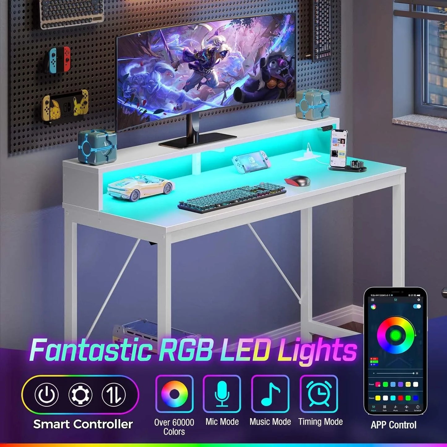 Computer Desk with LED Lights Power Outlets Gaming Writing Home Office