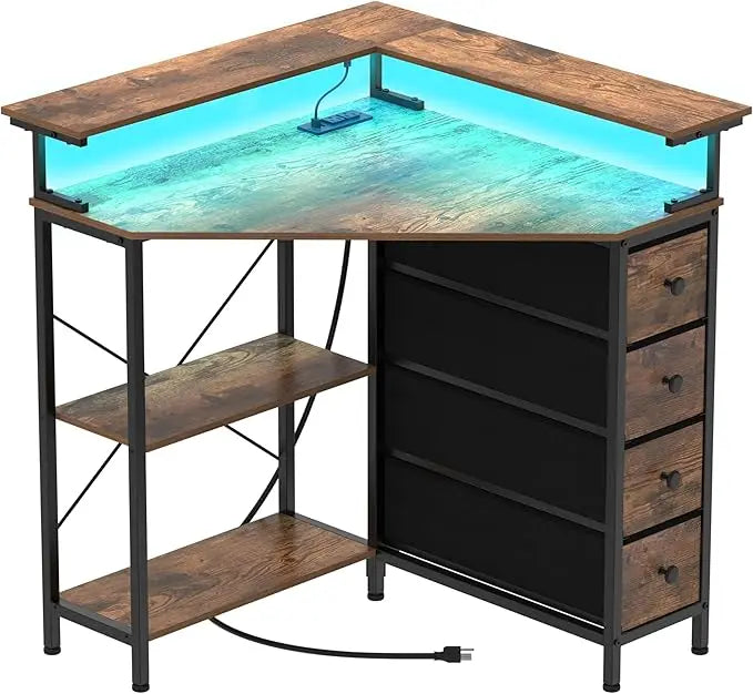 Corner Desk with Drawers Shelves Triangle Computer Desk LED Light