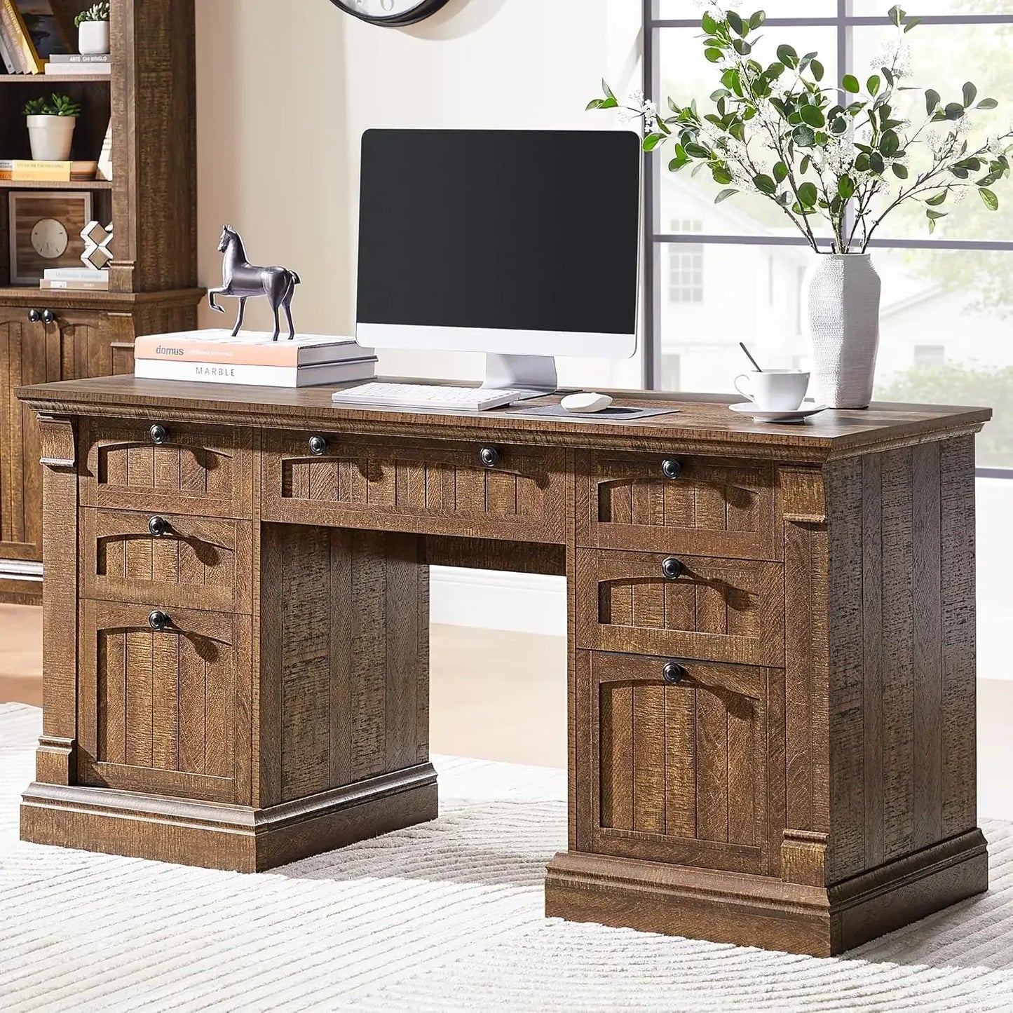 60 Inch Executive Desk with Drawers Charging Station and Keyboard Tray