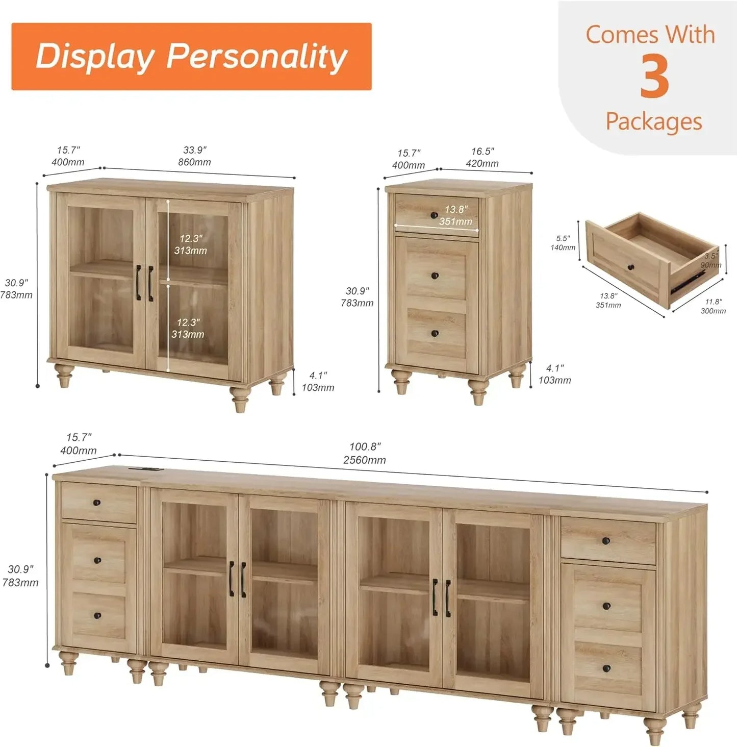 Sideboard Buffet Cabinet with 4 Glass Doors and Charging Station Oak