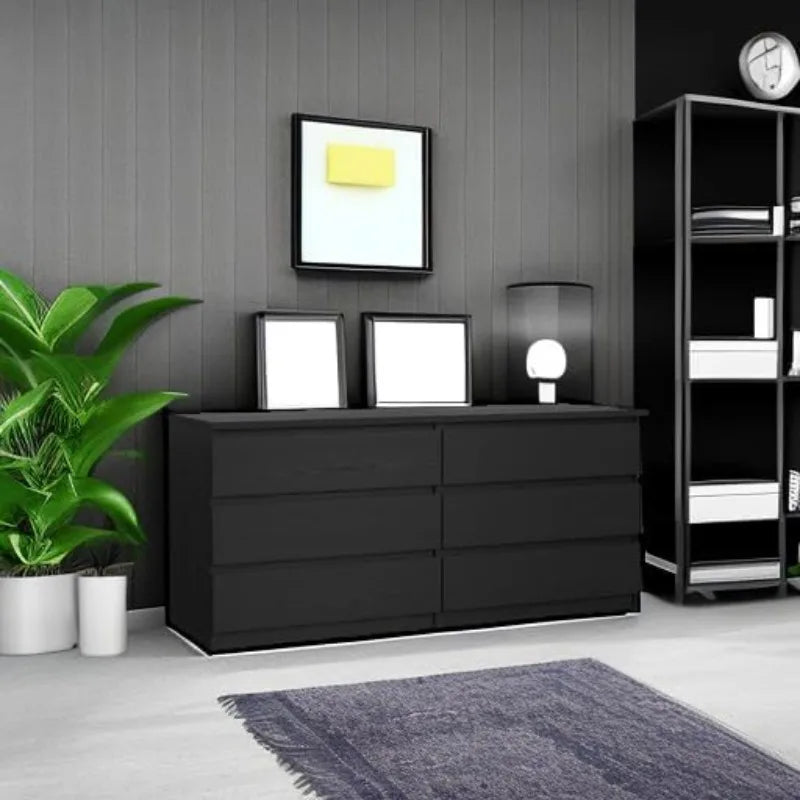 Tvilum 6 Drawer Double Dresser Storage Black Woodgrain Modern Design