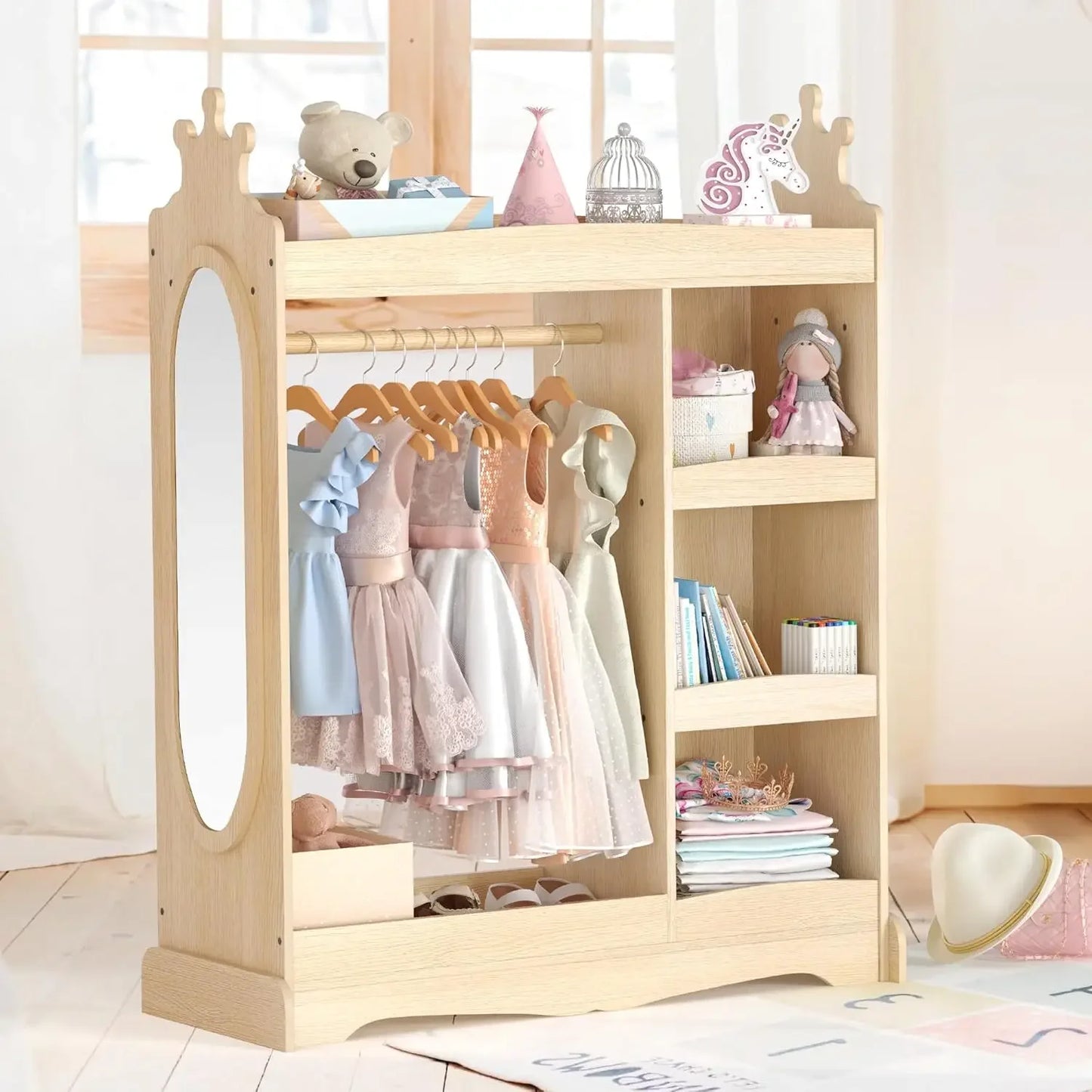 Kids Wardrobe with Mirror and Hooks Large Storage Closet Organizer