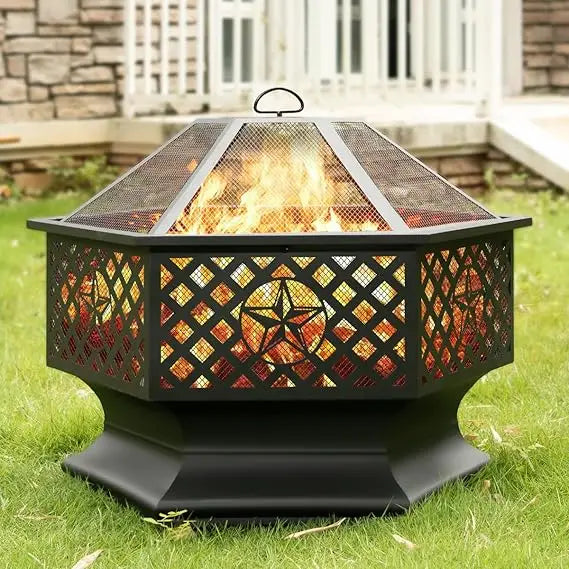 33 Inch Hexagon Outdoor Fire Pit Wood Burning Metal Firepit for Backyard
