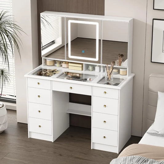Ljustra Modern Vanity Desk with Mirror and Lights 9 Drawers Makeup Table