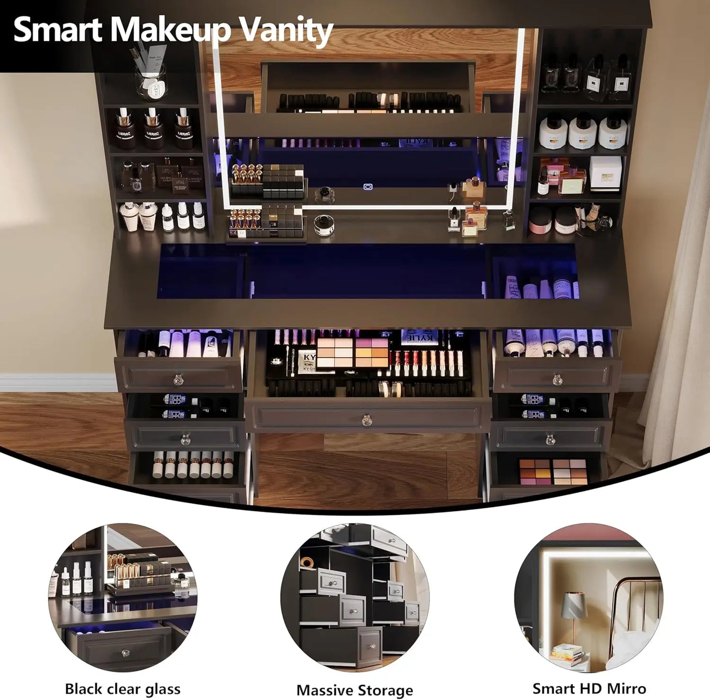Vanity Table with Mirror and Light Storage Dresser with 9 Drawers