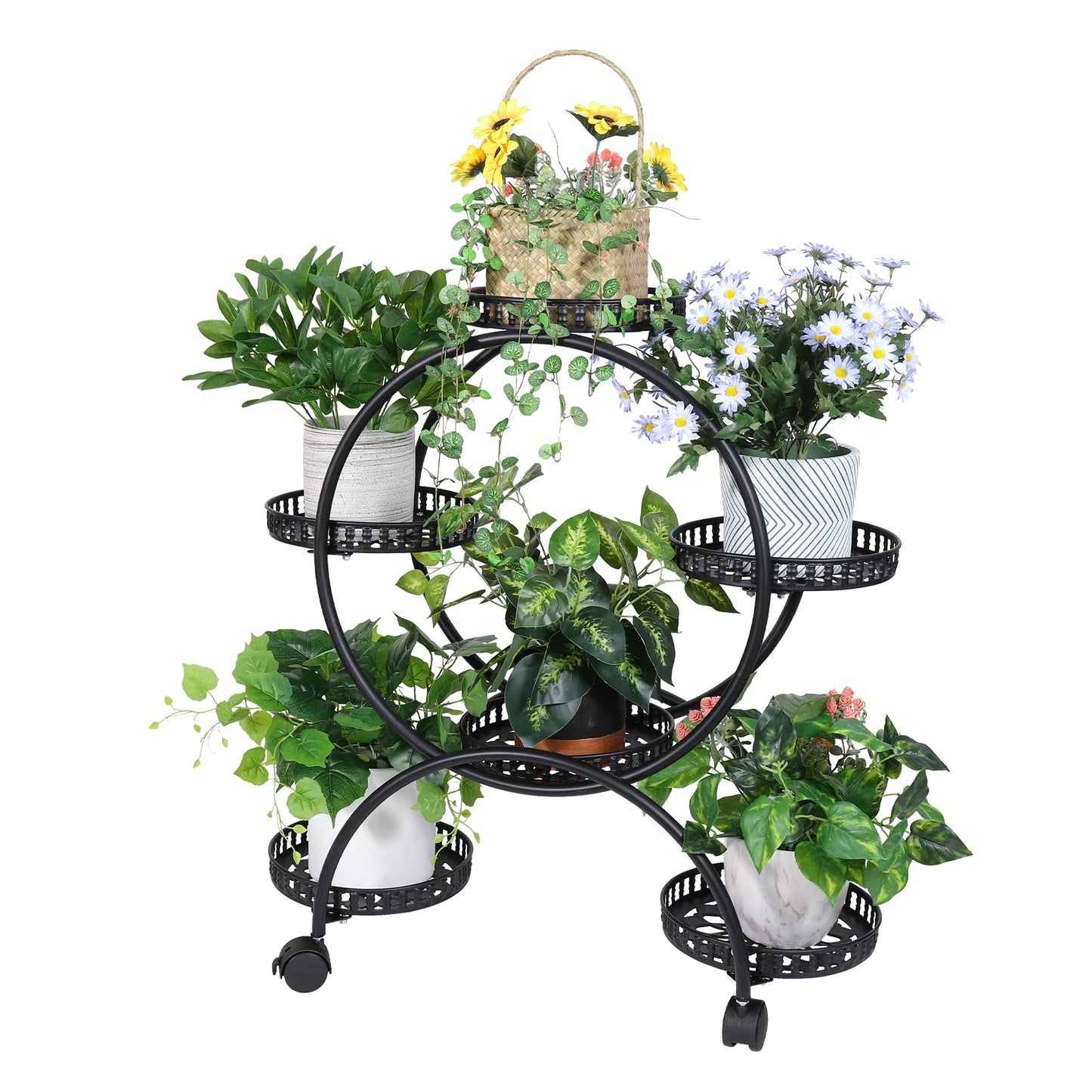 6 Tier Metal Plant Stand Rolling Flower Pot Rack Indoor Outdoor