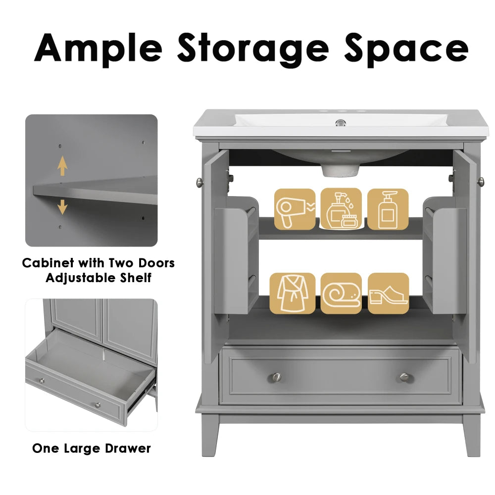 30 Bathroom Vanity Sink Combo Solid Wood MDF Cabinet Storage Modern