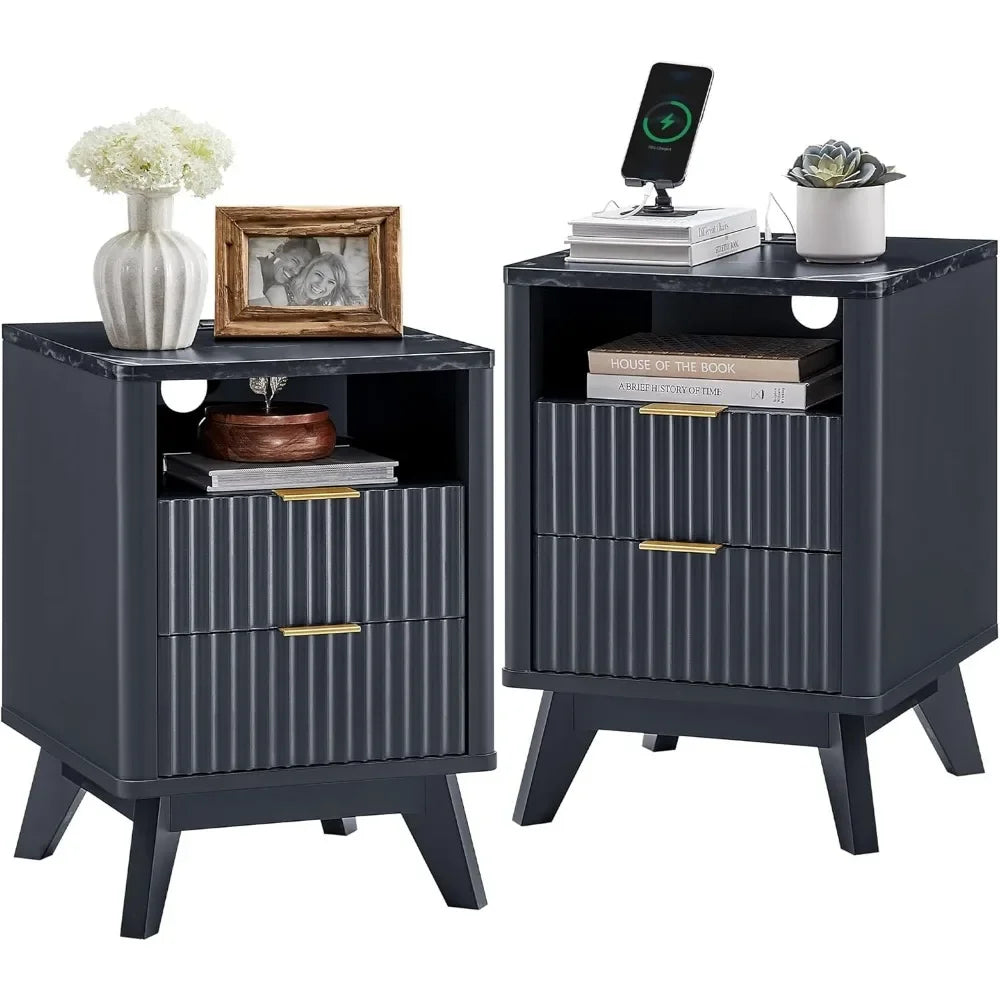 Fluted Nightstand with Charging Station 18" Modern Side Table 2 Drawers