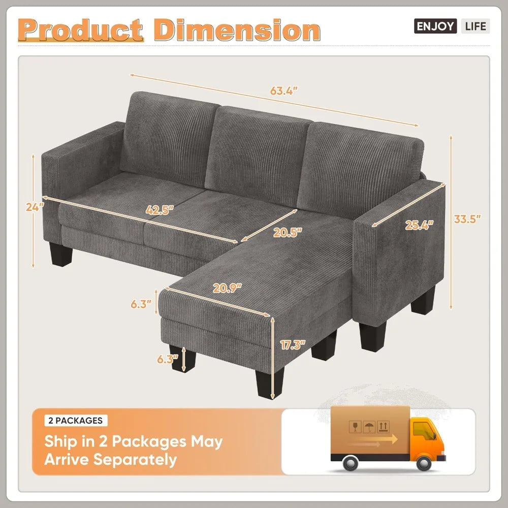Ljustra Convertible Sectional Sofa Couch 3 Seat L-Shaped with Chaise