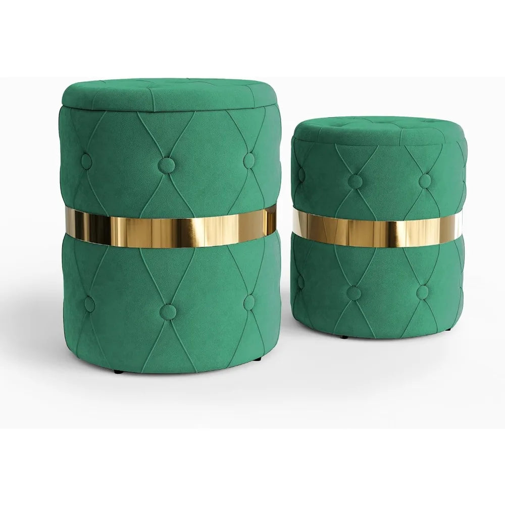 Round Storage Ottoman Set of 2 Velvet Stool Fully Assembled for Home Office
