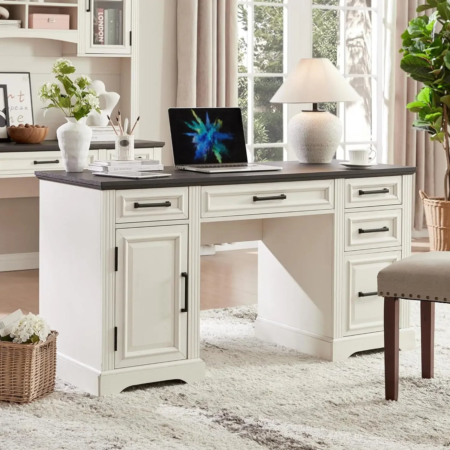 58 Inch Executive Desk Farmhouse Computer Desk with Storage Cabinet