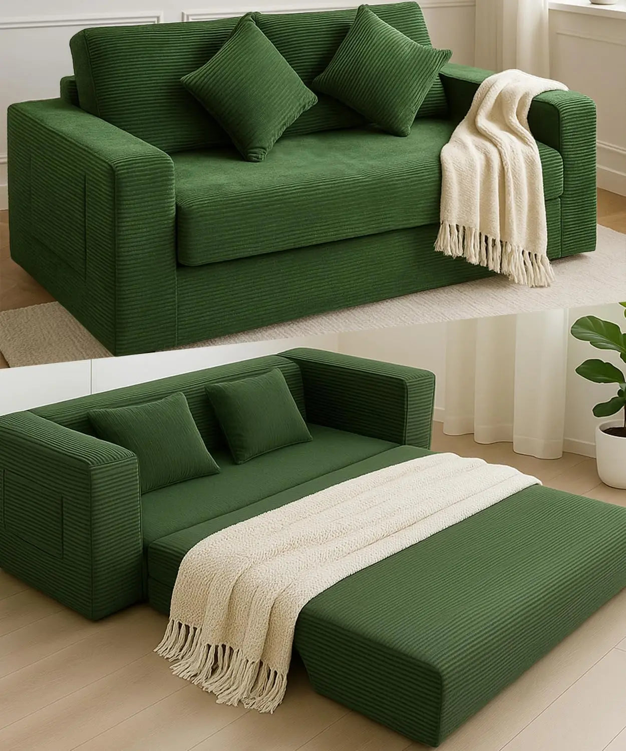 Foldable Sofa Bed 75 Inch Corduroy Sleeper Loveseat with Pillows