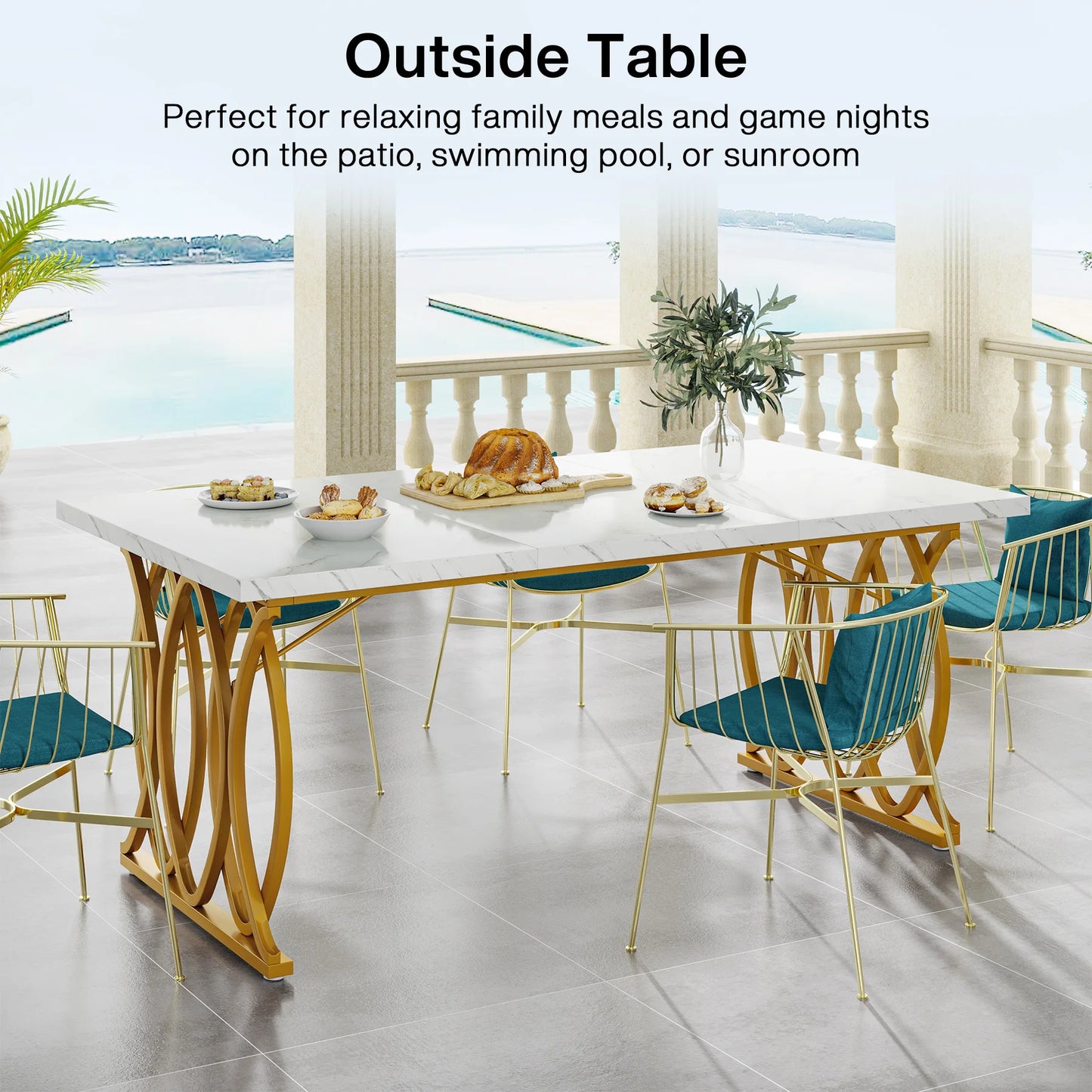 Ljustra 63 Inch Dining Table Rectangular Kitchen Faux Marble Modern Design