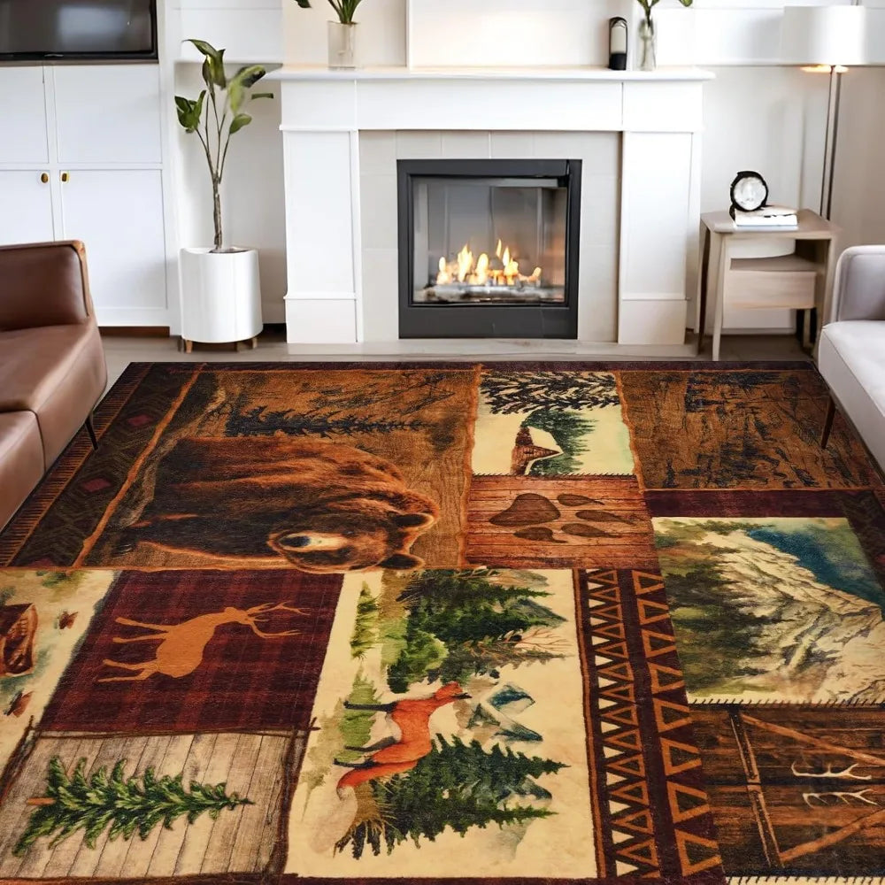 Farmhouse 6x9 Area Rug Buffalo Plaid Lodge Bear Moose Deer Living Room
