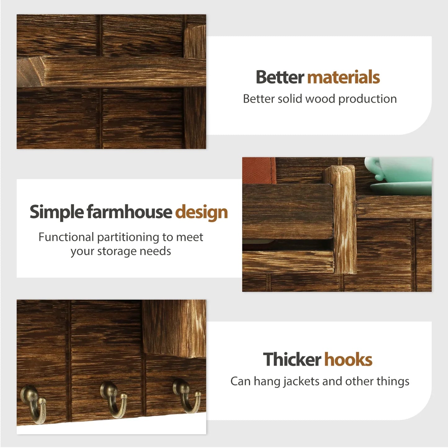 Wall Mounted Mail Organizer Key Holder with Shelf Hooks for Entryway