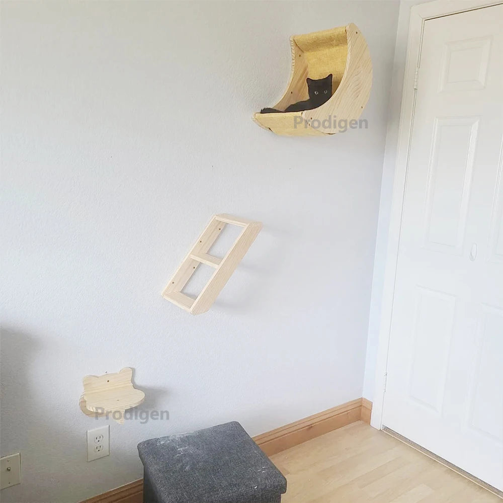 Cat Wall Shelf Moon Shaped Hammock Solid Wood Climbing Steps Indoor Furniture