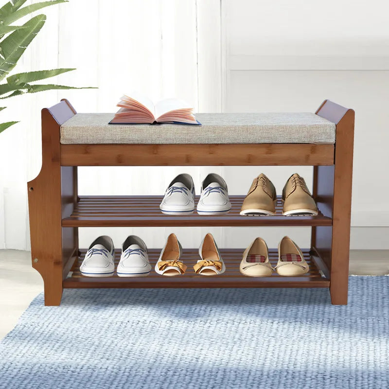 2-Tier Bamboo Shoe Bench with Removable Cushion Storage Organizer