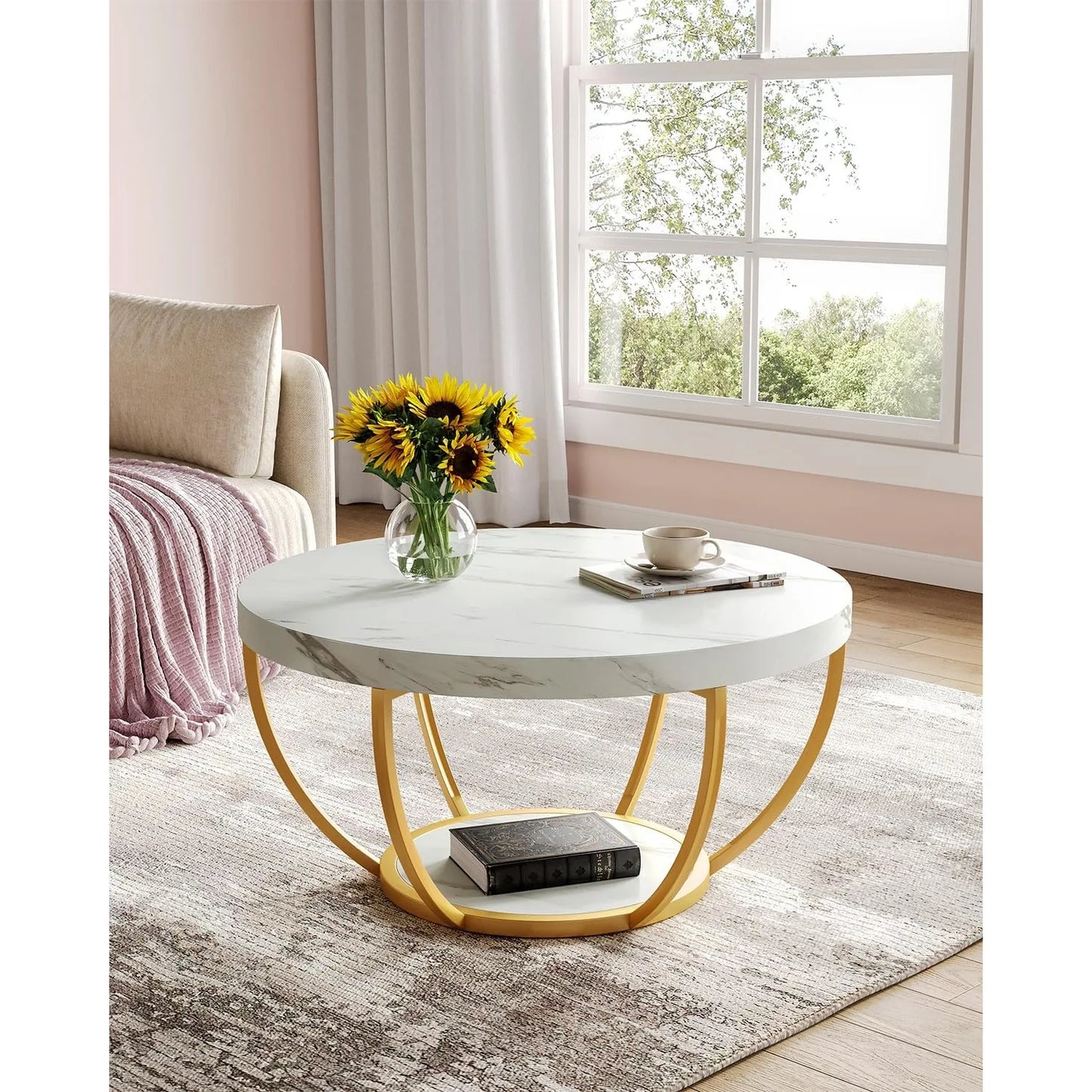 32 Inch Circle Marble Coffee Table 2 Tier Gold Metal Legs Modern Design