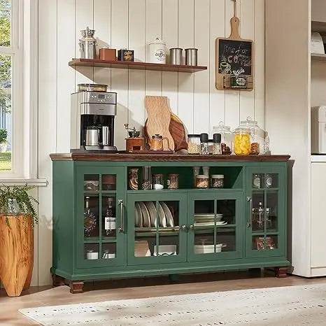Large Vintage Green Sideboard Buffet Cabinet with Glass Doors