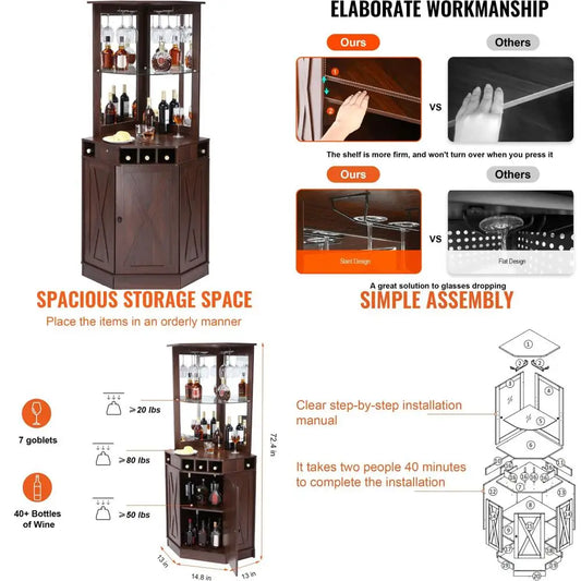 Industrial Style Corner Bar Cabinet Freestanding Sideboard Buffet