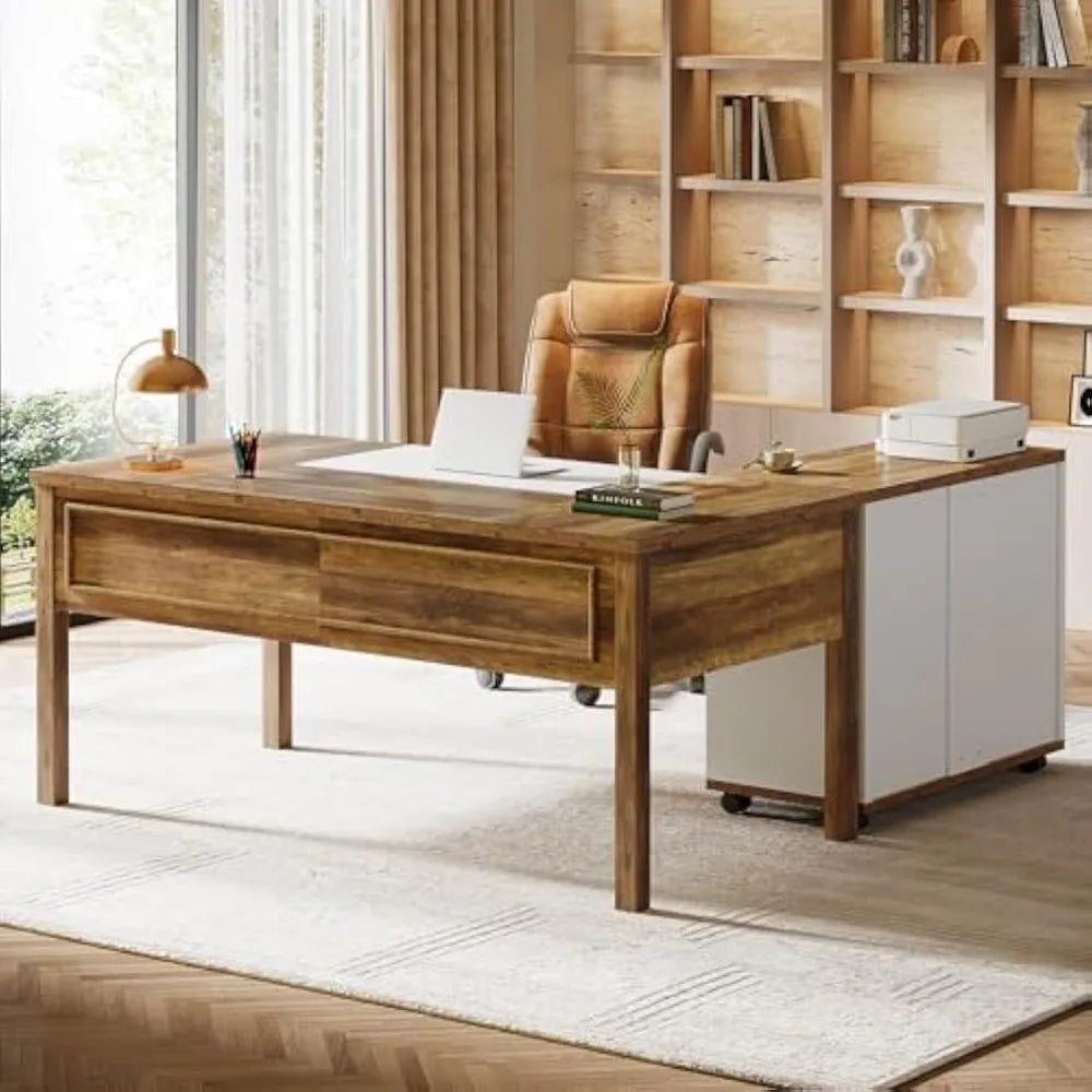 L-Shaped Executive Desk with File Cabinet Home Office Computer Desk